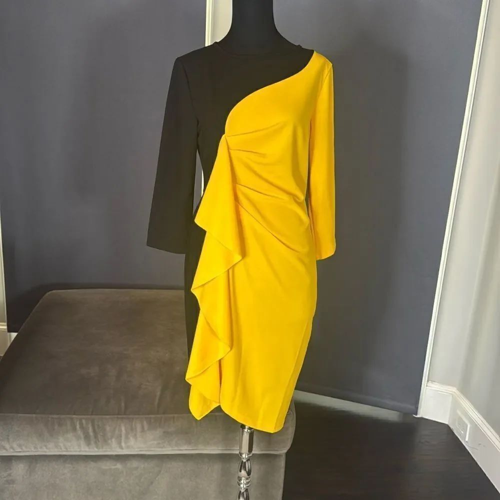 Women’s Black & Yellow Asymmetrical Ruffled Front Midi Dress 3/4 Sleeve Size S